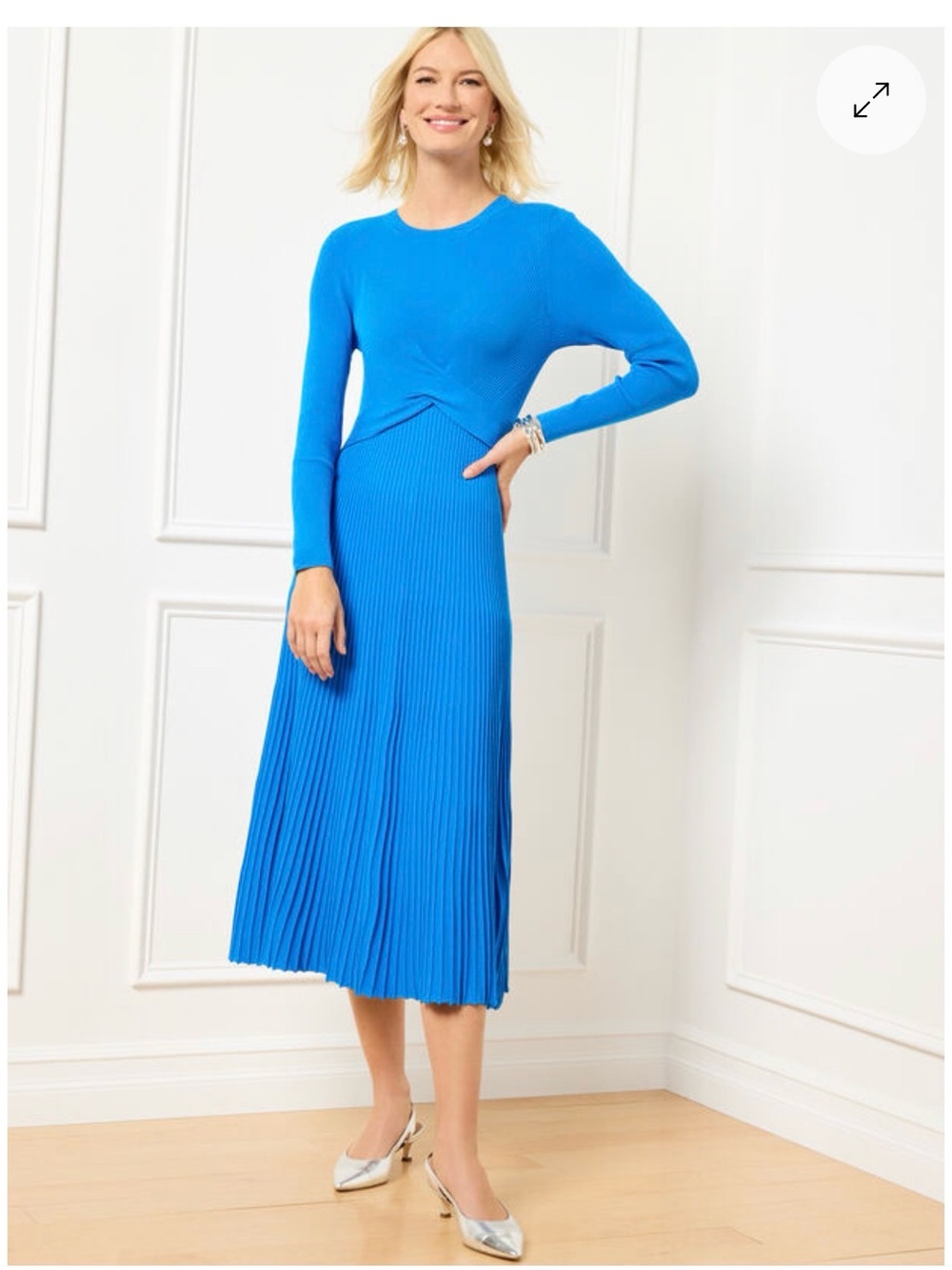 Talbots Bright Blue Twist Front Long-Sleeve Pleated Midi Sweater Dress